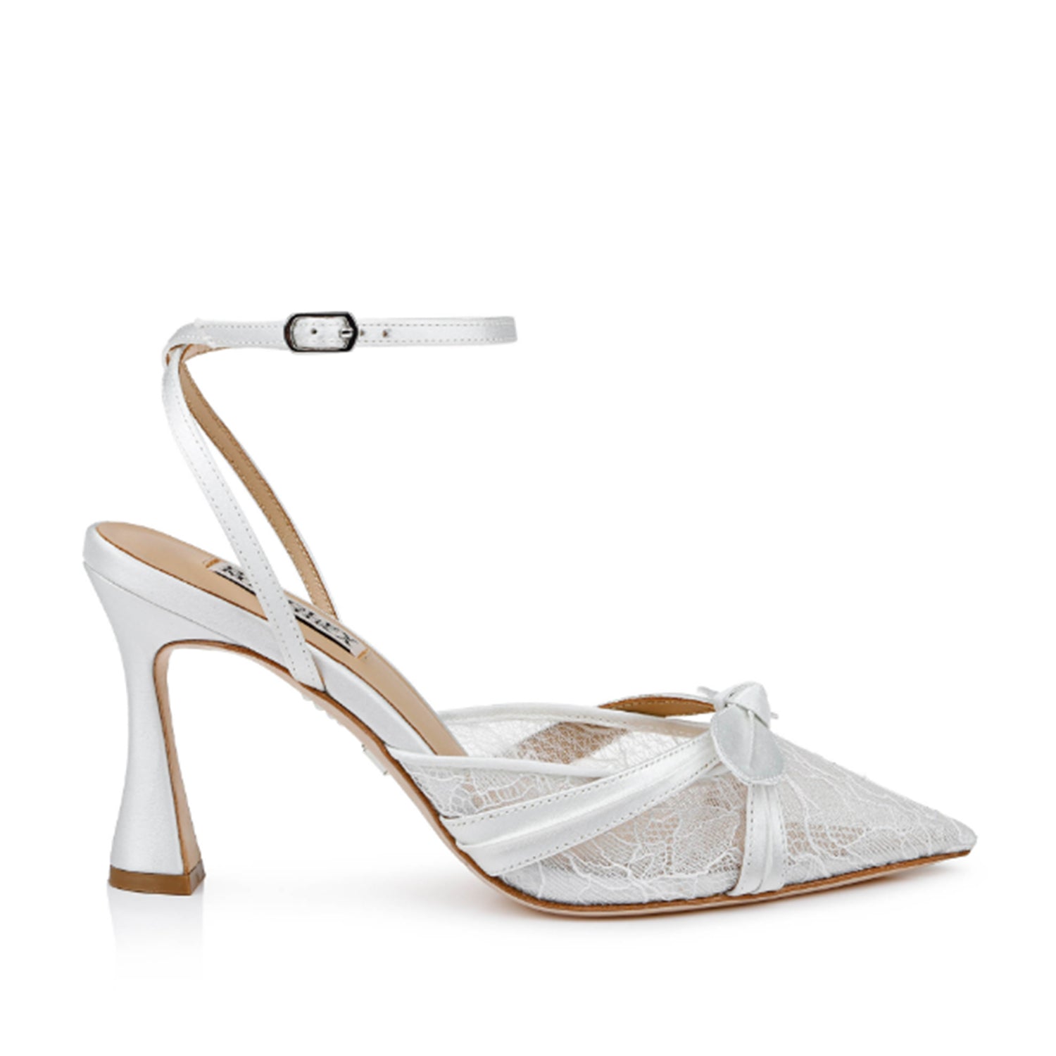 White high-heeled shoe with lace detail on a white background