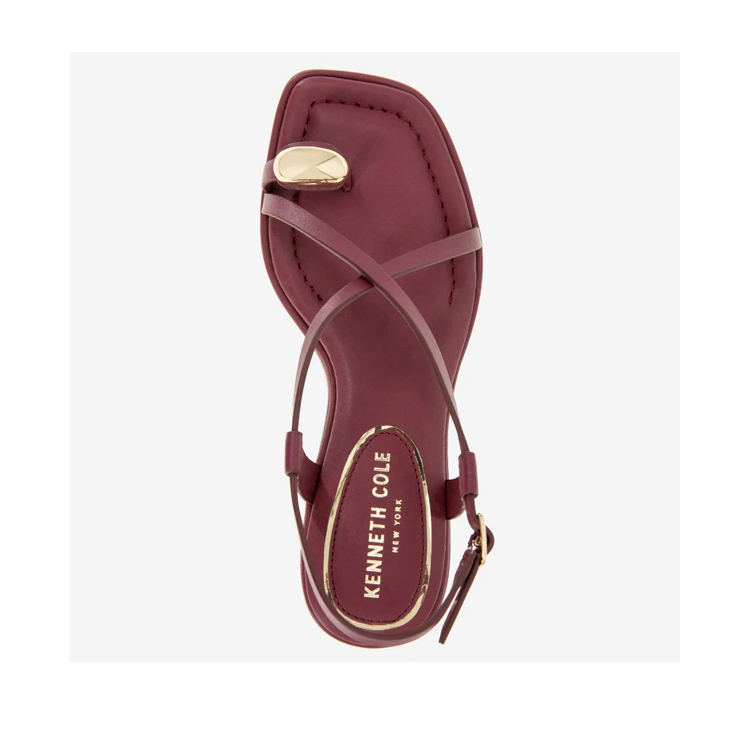 Red leather kitten heel sandal with slingback ankle strap, and hardware toe ring.