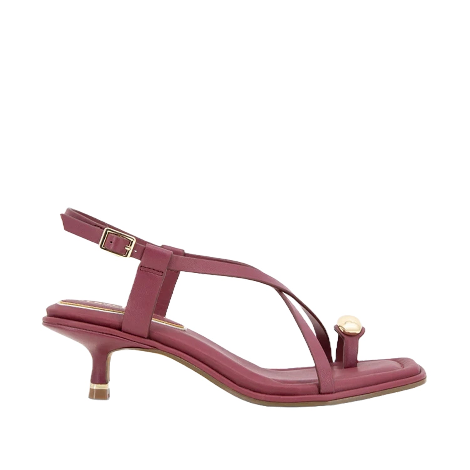 Red leather kitten heel sandal with slingback ankle strap, and hardware toe ring.
