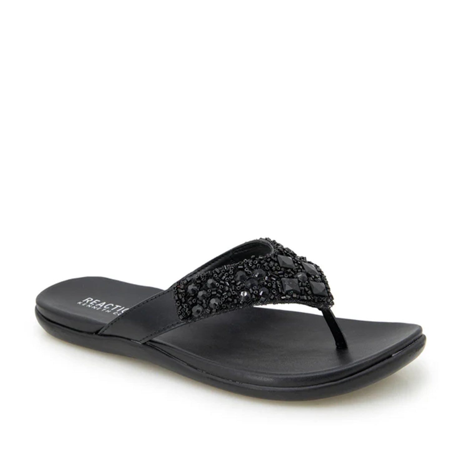 Black flip-flop with embellished rhinestone straps. 