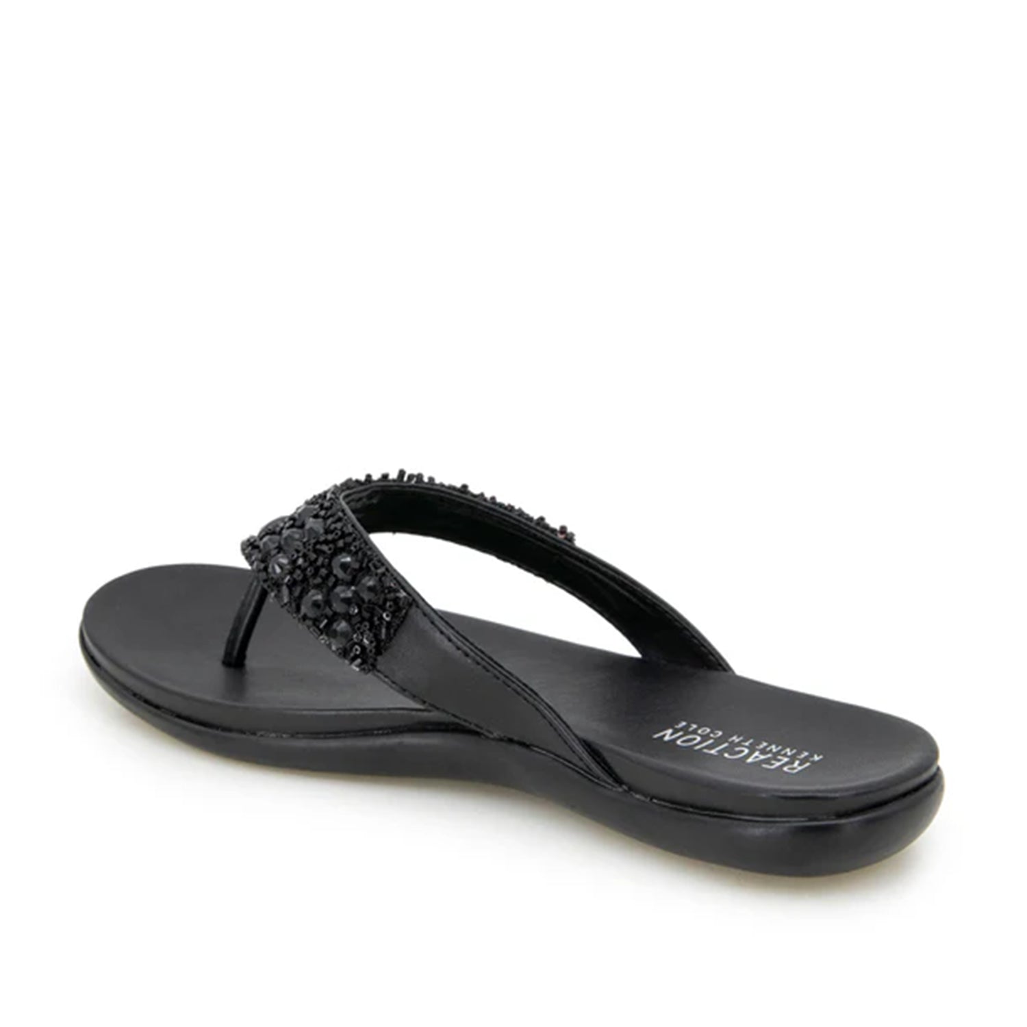 Black flip-flop with embellished rhinestone straps. 