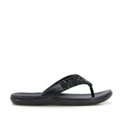 Black flip-flop with embellished rhinestone straps. 