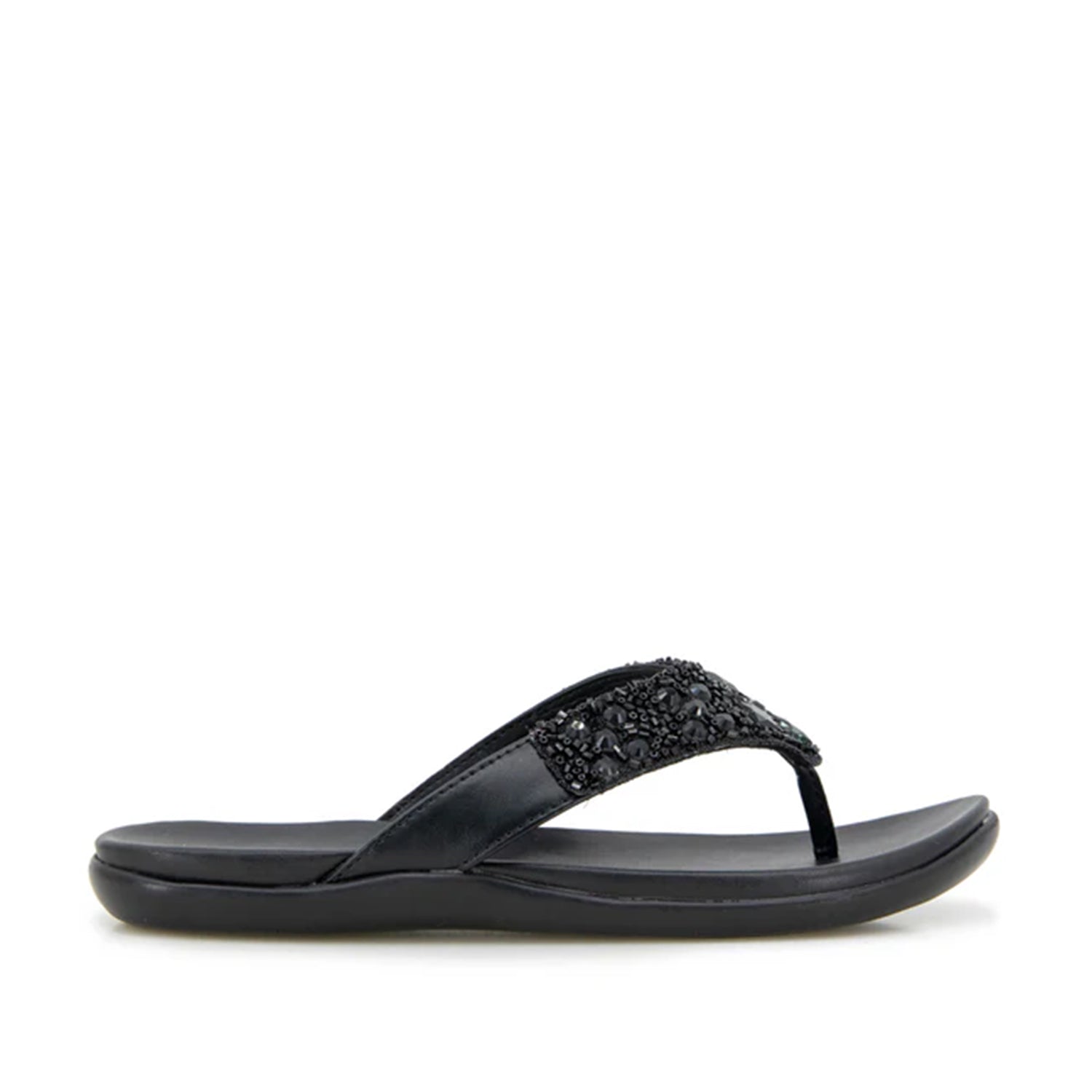 Black flip-flop with embellished rhinestone straps. 