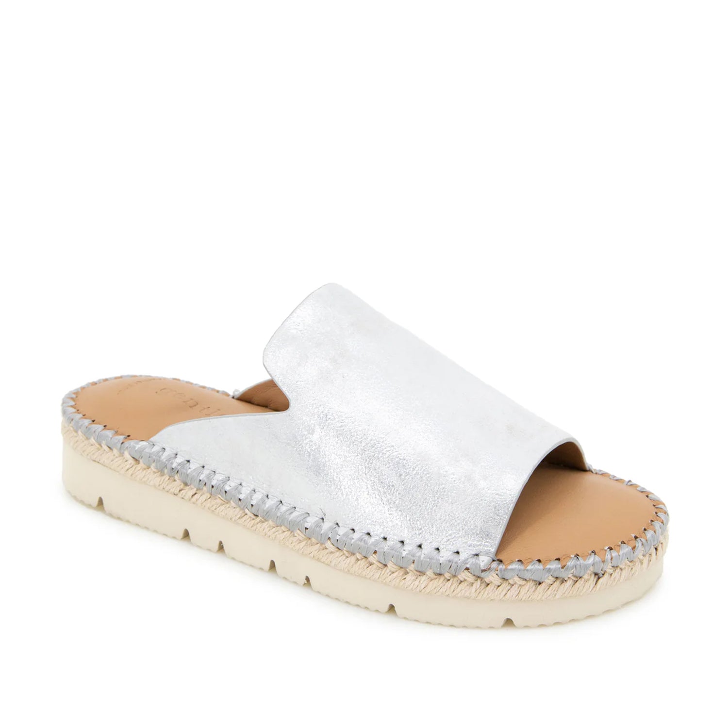 Silver metallic leather espadrille flatform mule with a peep toe. 