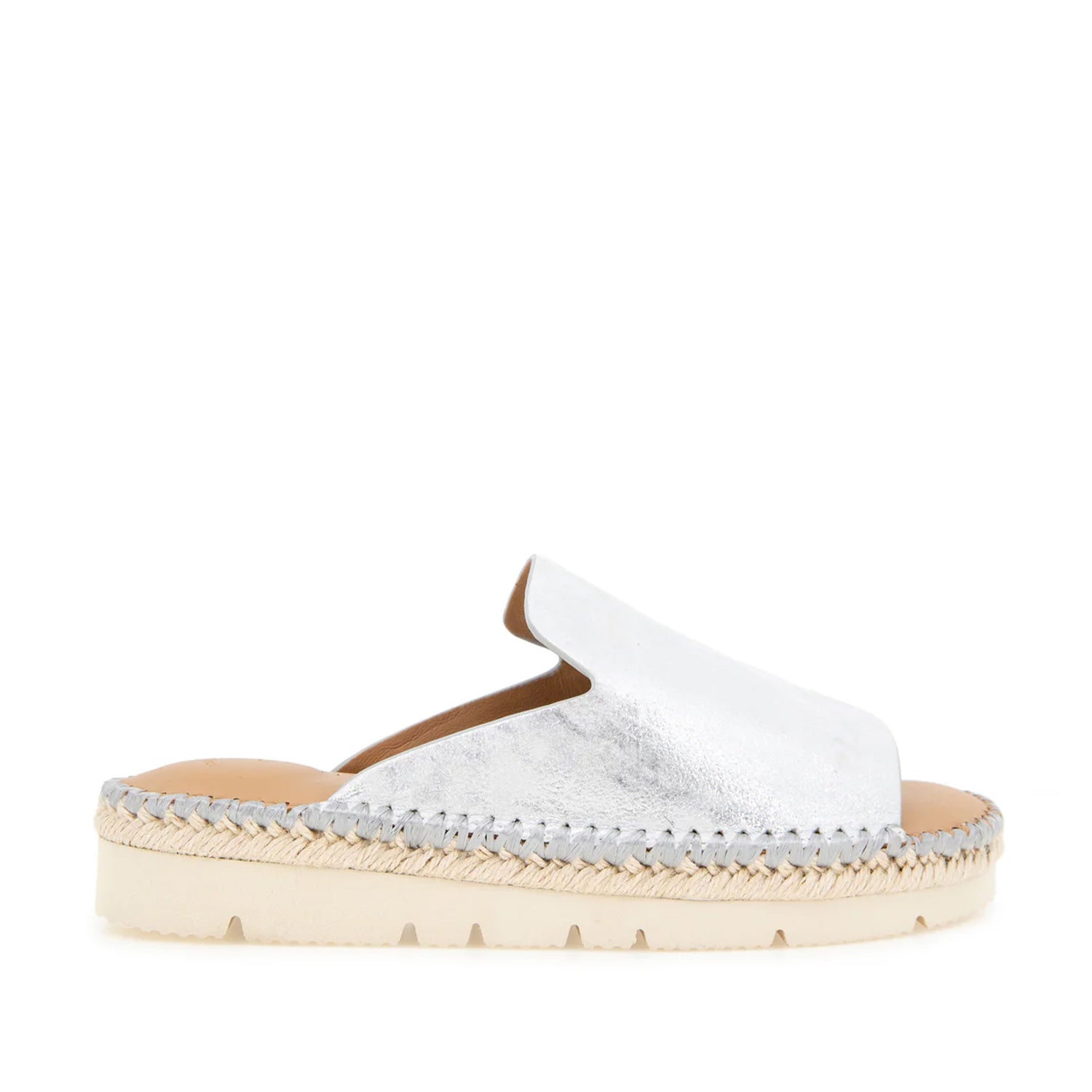 Silver metallic leather espadrille flatform mule with a peep toe. 