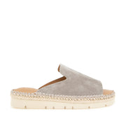 Beige grey suede espadrille flatform mule with a peep toe. 