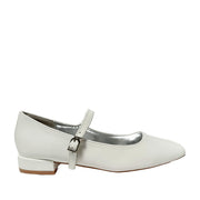 White mary-jane with a square toe, low heel, and adjustable strap on a white background. 