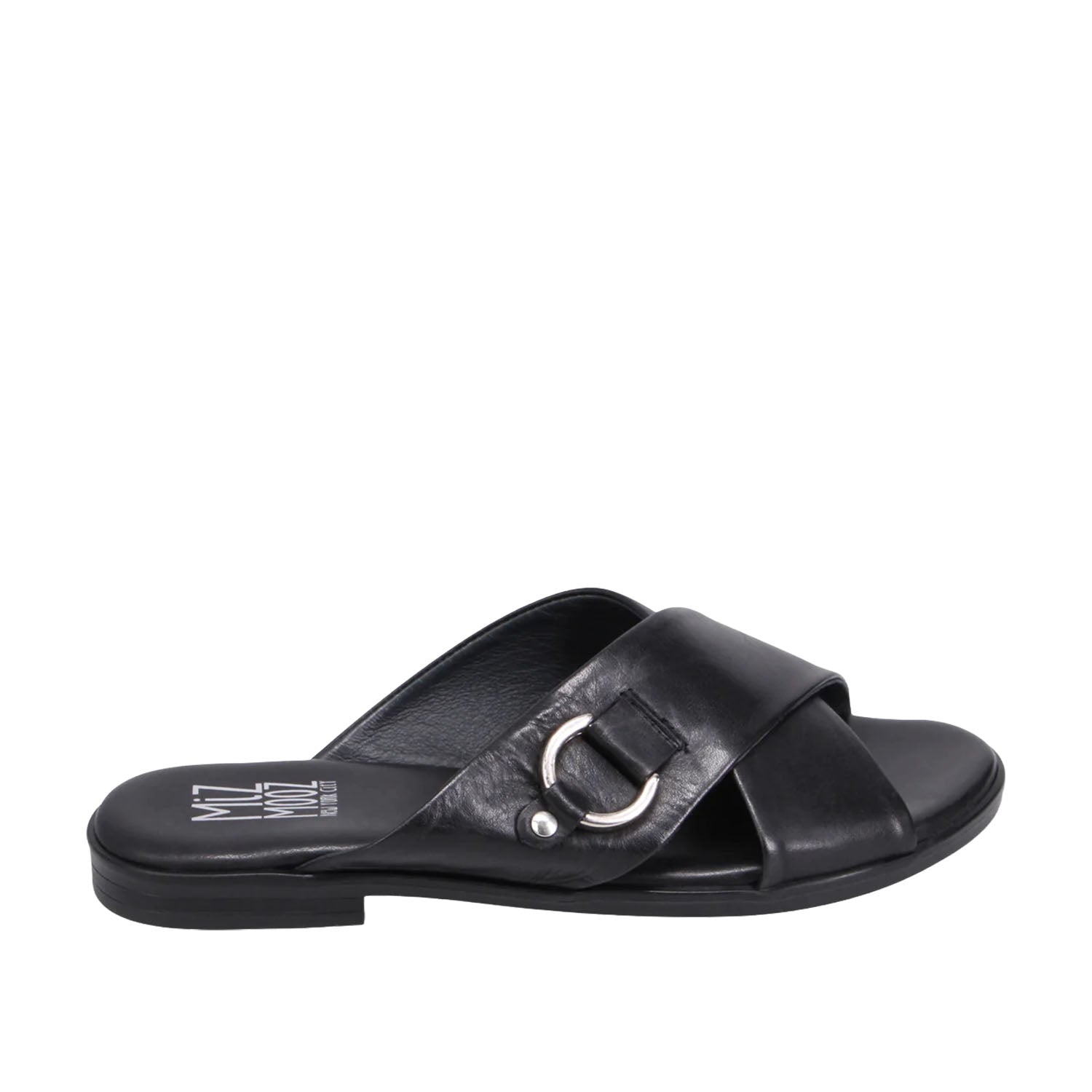 Black slide sandals with criss-cross straps and D-ring buckle detail on a white background