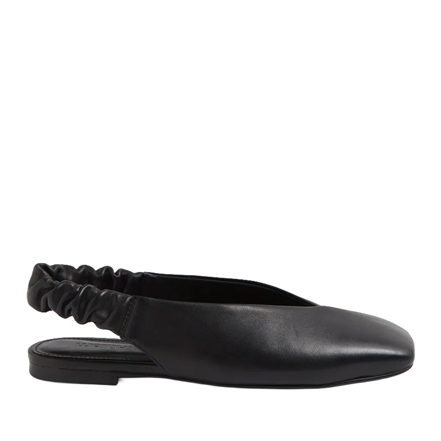 Black loafer with scrunch backstrap on a white background
