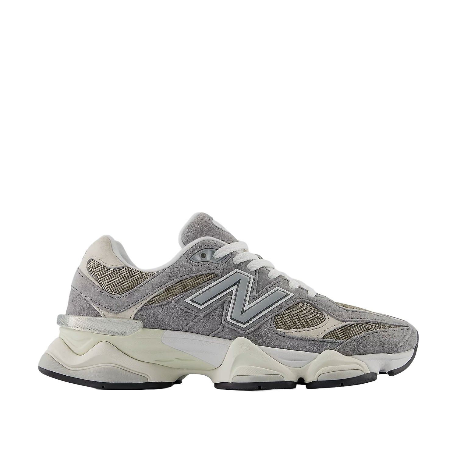 Gray and white sneaker with New Balance logo on a white background