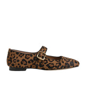 Leopard print pony hair mary-jane flat with a gold buckle detail