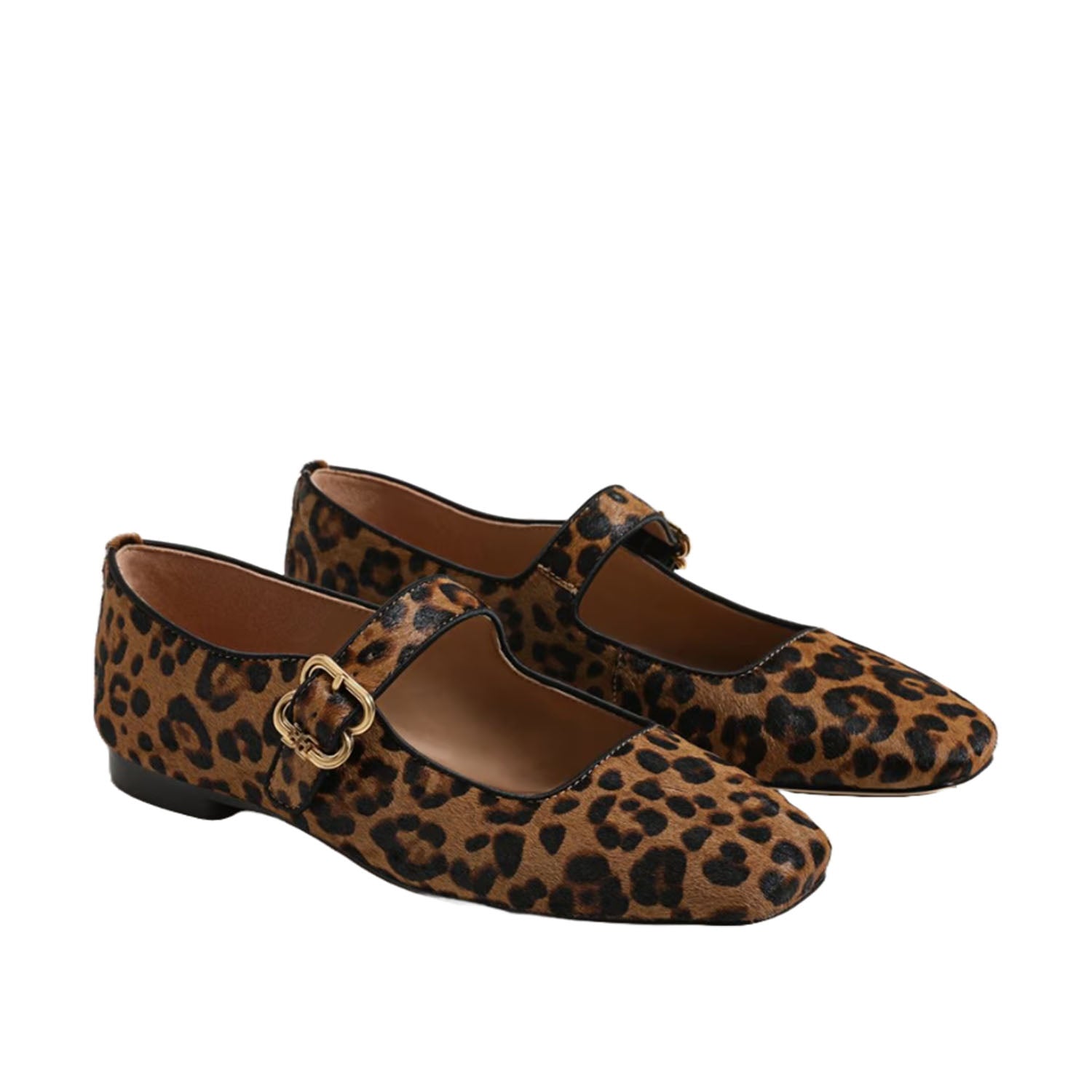 Leopard print pony hair mary-jane flat with a gold buckle detail