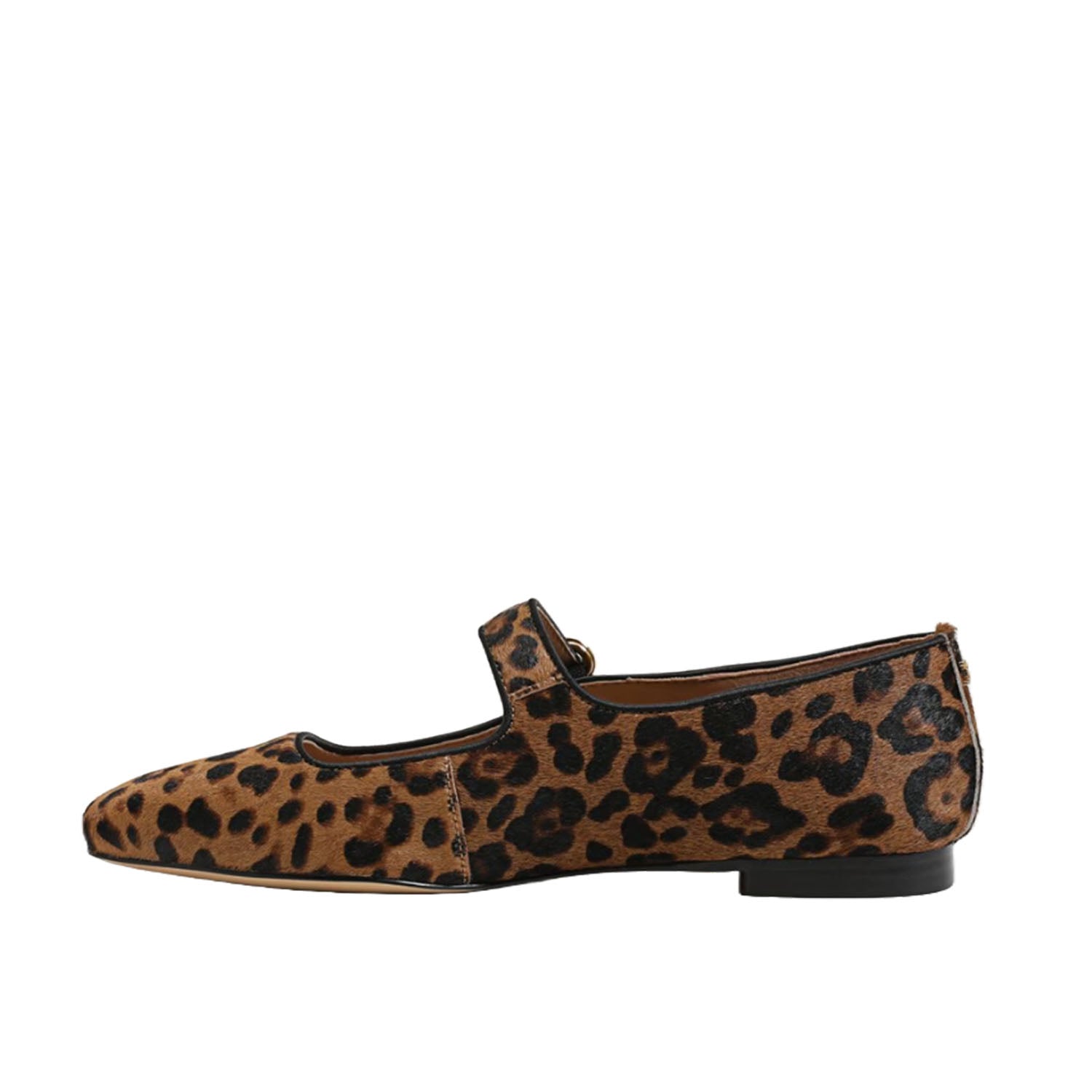 Leopard print pony hair mary-jane flat with a gold buckle detail