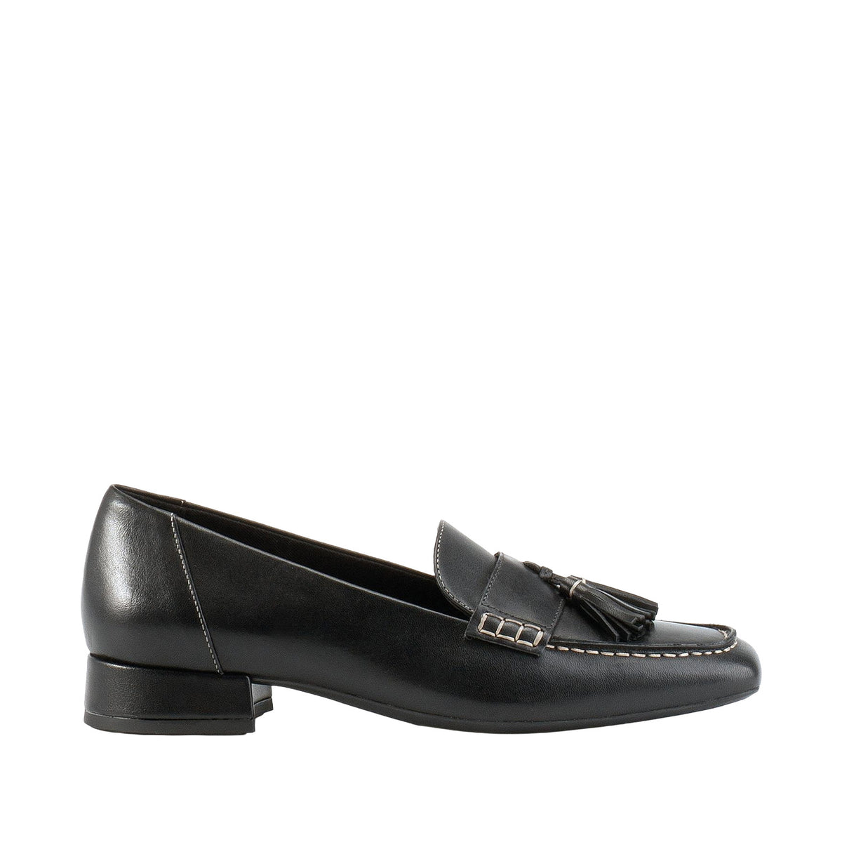 Black leather penny loafer with low heel, and tassle detail. 
