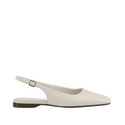 White leather slingback flats with an adjustable strap. 
