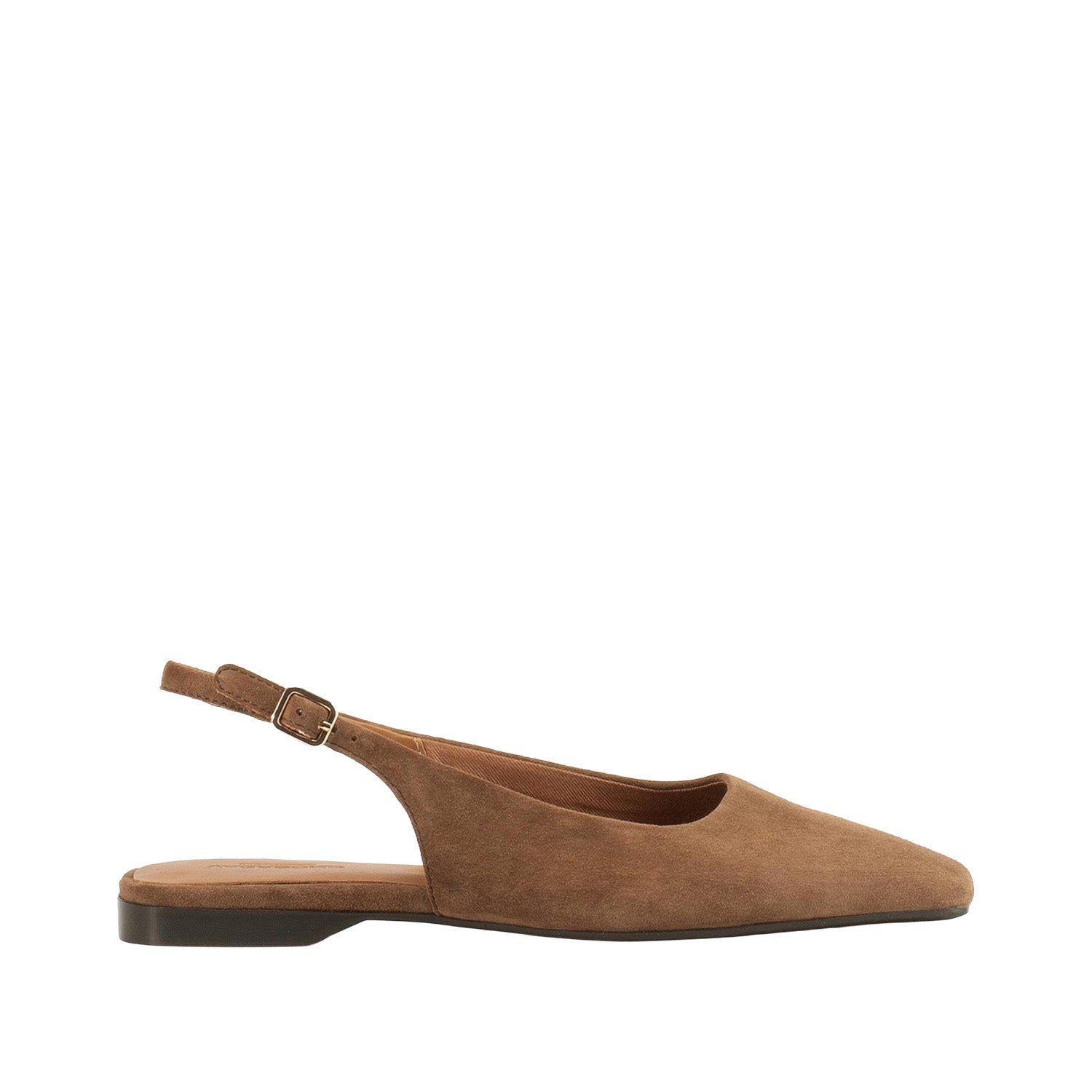 Brown suede slingback flats with an adjustable strap. 